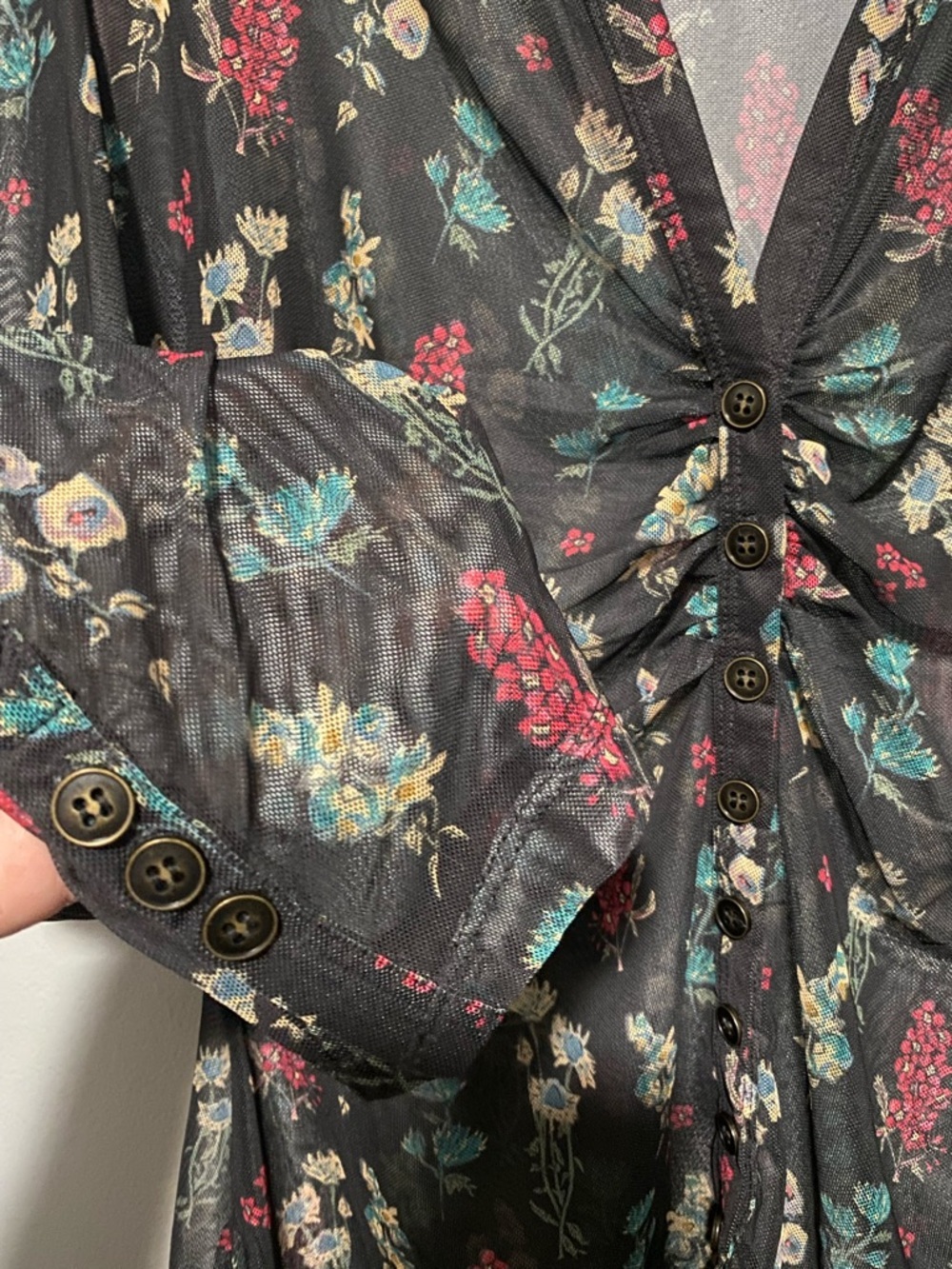 Whimsigoth Cottage Ruched Natural Life Carina Sheer Floral Button Down XL Top - Picture 8 of 11